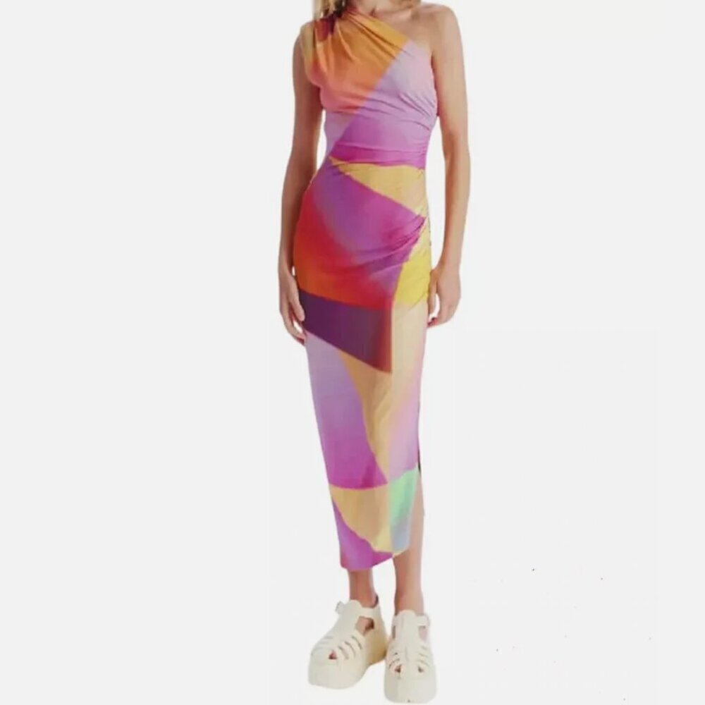 SMYTHE Abstract Neon Print One Shoulder Ruched Jersey Midi‎ Dress 8